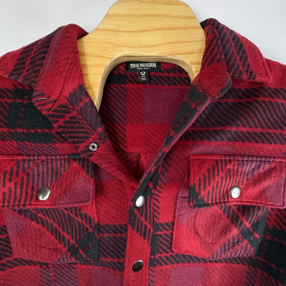 True Religion Men's Red Black Polar Fleece Shacket Snap Buttons Polyester‎ Sz Sm